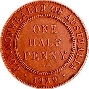 Australia One Half Penny George VI 1939 KM# 35 COMMONWEALTH OF AUSTRALIA ONE HALF PENNY ∙ *YEAR* ∙ coin reverse Australia One Half Penny George VI 1939 KM# 35 COMMONWEALTH OF AUSTRALIA ONE HALF PENNY ∙ *YEAR* ∙ coin reverse