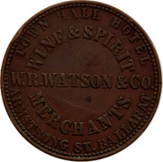 Australia One Penny 1862 KM# Tn266.2 Private Token issues TOWN HALL HOTEL WINE&SPIRIT MERCHANTS ARMSTRONG ST.BALLARAT W.N.WATSON&CO. coin obverse Australia One Penny 1862 KM# Tn266.2 Private Token issues TOWN HALL HOTEL WINE&SPIRIT MERCHANTS ARMSTRONG ST.BALLARAT W.N.WATSON&CO. coin obverse