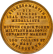 Australia One Penny ND KM# Tn238 Private Token issues STOKES & MARTIN DIE SINKERS SEAL ENGRAVERS MEDALLISTS BUTTON CHECK TOKEN MILITARY&MASONIC ORNAMENT MAKERS 100 COLLINS ST EAST MELBOURNE coin obverse Australia One Penny ND KM# Tn238 Private Token issues STOKES & MARTIN DIE SINKERS SEAL ENGRAVERS MEDALLISTS BUTTON CHECK TOKEN MILITARY&MASONIC ORNAMENT MAKERS 100 COLLINS ST EAST MELBOURNE coin obverse