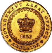 Australia One Pound Adelaide 1852 KM# 2 GOVERNMENT ASSAY OFFICE 1852 ADELAIDE coin obverse Australia One Pound Adelaide 1852 KM# 2 GOVERNMENT ASSAY OFFICE 1852 ADELAIDE coin obverse