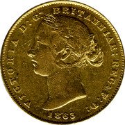 Australia One Sovereign Sovereign 1863 (sy) KM# 4 VICTORIA D: G: BRITANNIAR: REG: F: D: 1865 coin obverse Australia One Sovereign Sovereign 1863 (sy) KM# 4 VICTORIA D: G: BRITANNIAR: REG: F: D: 1865 coin obverse