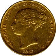 Australia One Sovereign Victoria 1856 KM# 2 VICTORIA D: G: BRITANNIAR: REGINA: F: D: 1855 coin obverse Australia One Sovereign Victoria 1856 KM# 2 VICTORIA D: G: BRITANNIAR: REGINA: F: D: 1855 coin obverse