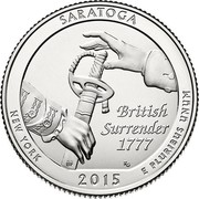 USA Quarter Dollar Saratoga National Historical Park 2015 P KM# 601 BRITISH SURRENDER 1777 SARATOGA NEW YORK 2015 E PLURIBUS UNUM coin reverse USA Quarter Dollar Saratoga National Historical Park 2015 P KM# 601 BRITISH SURRENDER 1777 SARATOGA NEW YORK 2015 E PLURIBUS UNUM coin reverse