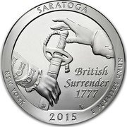 USA Quarter dollar Saratoga National Historical Park 2015 P Vapor blast finish KM# 634 SARATOGA BRITISH SURRENDER 1777 NEW YORK 2015 E PLURIBUS UNUM coin reverse