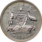 Australia Sixpence Coat of Arms 1934 KM# 25 SIXPENCE ADVANCE AUSTRAILA *YEAR* coin reverse Australia Sixpence Coat of Arms 1934 KM# 25 SIXPENCE ADVANCE AUSTRAILA *YEAR* coin reverse