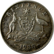 Australia Sixpence Coat of Arms 1938 KM# 38 SIXPENCE ADVANCE AUSTRALIA D 1942 coin reverse Australia Sixpence Coat of Arms 1938 KM# 38 SIXPENCE ADVANCE AUSTRALIA D 1942 coin reverse