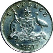 Australia Sixpence Coat of Arms 1951 KM# 45 SIXPENCE ADVANCE AUSTRALIA PL 1950 coin reverse Australia Sixpence Coat of Arms 1951 KM# 45 SIXPENCE ADVANCE AUSTRALIA PL 1950 coin reverse