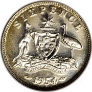 Australia Sixpence Coat of Arms 1954 Proof KM# 52 SIXPENCE ADVANCE AUSTRALIA 1954 coin reverse Australia Sixpence Coat of Arms 1954 Proof KM# 52 SIXPENCE ADVANCE AUSTRALIA 1954 coin reverse