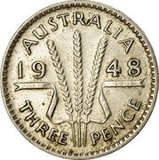 Australia Three Pence Wheat Fields of Gold 1948 KM# 37a AUSTRALIA *YEAR* K G THREE PENCE coin reverse Australia Three Pence Wheat Fields of Gold 1948 KM# 37a AUSTRALIA *YEAR* K G THREE PENCE coin reverse