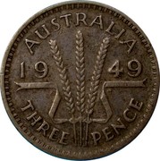 Australia Three Pence Wheat Fields of Gold 1949 KM# 44 AUSTRALIA *YEAR* K G THREE PENCE coin reverse Australia Three Pence Wheat Fields of Gold 1949 KM# 44 AUSTRALIA *YEAR* K G THREE PENCE coin reverse