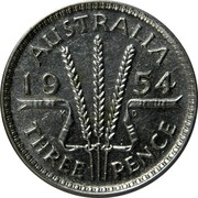 Australia Three Pence Wheat Fields of Gold 1954 KM# 51 AUSTRALIA *YEAR* K G THREE PENCE coin reverse Australia Three Pence Wheat Fields of Gold 1954 KM# 51 AUSTRALIA *YEAR* K G THREE PENCE coin reverse