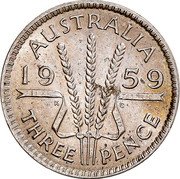 Australia Three Pence Wheat Fields of Gold 1959 KM# 57 AUSTRALIA *YEAR* K G THREE PENCE coin reverse Australia Three Pence Wheat Fields of Gold 1959 KM# 57 AUSTRALIA *YEAR* K G THREE PENCE coin reverse