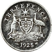 Australia Threepence Coat of Arms 1925 KM# 24 THREEPENCE ADVANCE AUSTRALIA *YEAR* coin reverse Australia Threepence Coat of Arms 1925 KM# 24 THREEPENCE ADVANCE AUSTRALIA *YEAR* coin reverse