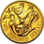 Australia Two Hundred Dollars Koala on branch 1984 KM# 71 TWO HUNDRED DOLLARS coin reverse Australia Two Hundred Dollars Koala on branch 1984 KM# 71 TWO HUNDRED DOLLARS coin reverse