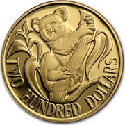 Australia Two Hundred Dollars (Koala on branch) KM# 86 TWO HUNDRED DOLLARS coin reverse Australia Two Hundred Dollars (Koala on branch) KM# 86 TWO HUNDRED DOLLARS coin reverse