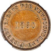 Canada 1/2 Penny (Responsible Government and Free Trade) FISHERY RIGHTS FOR NEWFOUNDLAND . 1860 coin obverse Canada 1/2 Penny (Responsible Government and Free Trade) FISHERY RIGHTS FOR NEWFOUNDLAND . 1860 coin obverse