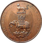 UK 1/2 Penny Warwickshire Coventry Cross 1797  THE ARMS OF COVENTRY P KEMPSON FECIT. 17 97 coin reverse UK 1/2 Penny Warwickshire Coventry Cross 1797  THE ARMS OF COVENTRY P KEMPSON FECIT. 17 97 coin reverse