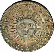 Argentina 1/2 Real Radiant Sunface Rio de la Plata 1813 PTS J KM# 1.1 PROVINCIAS DEL RIO DE LA PLATA coin obverse Argentina 1/2 Real Radiant Sunface Rio de la Plata 1813 PTS J KM# 1.1 PROVINCIAS DEL RIO DE LA PLATA coin obverse