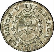 Argentina 1/2 Real Radiant Sunface Rio de la Plata 1813 PTS J KM# 1.1 EN UNION Y LIBERTAD PTS J 1815 coin reverse Argentina 1/2 Real Radiant Sunface Rio de la Plata 1813 PTS J KM# 1.1 EN UNION Y LIBERTAD PTS J 1815 coin reverse