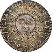 Argentina 1/2 Real Radiant Sunface Rio de la Plata 1815 PTS F KM# 1.2 PROVINCIAS DEL RIO DE LA PLATA coin obverse Argentina 1/2 Real Radiant Sunface Rio de la Plata 1815 PTS F KM# 1.2 PROVINCIAS DEL RIO DE LA PLATA coin obverse