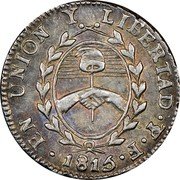 Argentina 1/2 Real Radiant Sunface Rio de la Plata 1815 PTS F KM# 1.2 EN UNION Y LIBERTAD PTS F 1815 coin reverse Argentina 1/2 Real Radiant Sunface Rio de la Plata 1815 PTS F KM# 1.2 EN UNION Y LIBERTAD PTS F 1815 coin reverse