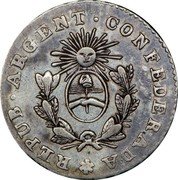 Argentina 1/2 Real Coat of Arms La Rioja 1854 B KM# 22 REPUB ARGENT CONFEDERADA coin obverse Argentina 1/2 Real Coat of Arms La Rioja 1854 B KM# 22 REPUB ARGENT CONFEDERADA coin obverse