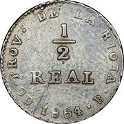 Argentina 1/2 Real Coat of Arms La Rioja 1854 B KM# 22 PROV DE LA RIOJA 9D 1854 B 1/2 REAL coin reverse Argentina 1/2 Real Coat of Arms La Rioja 1854 B KM# 22 PROV DE LA RIOJA 9D 1854 B 1/2 REAL coin reverse