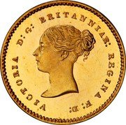 UK 1/4 Sovereign Victoria Young Head Pattern 1853  Proof KM# Pn113 VICTORIA D G BRITANNIAR REGINA F D coin obverse UK 1/4 Sovereign Victoria Young Head Pattern 1853  Proof KM# Pn113 VICTORIA D G BRITANNIAR REGINA F D coin obverse