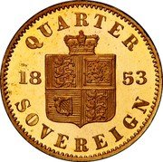 UK 1/4 Sovereign Victoria Young Head Pattern 1853  Proof KM# Pn113 QUARTER 18 53 SOVEREIGN coin reverse UK 1/4 Sovereign Victoria Young Head Pattern 1853  Proof KM# Pn113 QUARTER 18 53 SOVEREIGN coin reverse