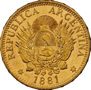 Argentina 1 Argentino 5 Pesos Liberty 1881 KM# 31 REPUBLICA ARGENTINA 1887 coin obverse Argentina 1 Argentino 5 Pesos Liberty 1881 KM# 31 REPUBLICA ARGENTINA 1887 coin obverse