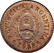 Argentina 1 Centavo (Pattern Arms) KM# Pn50 REPUBLICA ARGENTINA 1938 coin obverse Argentina 1 Centavo (Pattern Arms) KM# Pn50 REPUBLICA ARGENTINA 1938 coin obverse