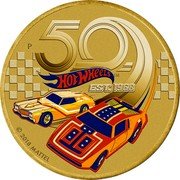 Tuvalu 1 Dollar Hot Wheels 2018 P BU P 50 HOT WHEELS TM EST 1968 © 2018 MATTEL coin reverse Tuvalu 1 Dollar Hot Wheels 2018 P BU P 50 HOT WHEELS TM EST 1968 © 2018 MATTEL coin reverse