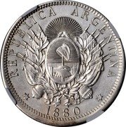 Argentina 1 Peso Liberty Pattern 1880  KM# Pn20 REPUBLICA ARGENTINA 1880 coin obverse Argentina 1 Peso Liberty Pattern 1880  KM# Pn20 REPUBLICA ARGENTINA 1880 coin obverse