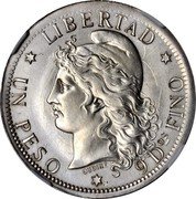 Argentina 1 Peso Liberty Pattern 1880  KM# Pn20 LIBERTAD UN PESO 9 DOS FINO OUDINE coin reverse Argentina 1 Peso Liberty Pattern 1880  KM# Pn20 LIBERTAD UN PESO 9 DOS FINO OUDINE coin reverse