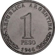 Argentina 1 Peso (Liberty with Wheat Pattern) KM# Pn61 REPUBLICA ARGENTINA 1 PESO 1946 coin obverse Argentina 1 Peso (Liberty with Wheat Pattern) KM# Pn61 REPUBLICA ARGENTINA 1 PESO 1946 coin obverse