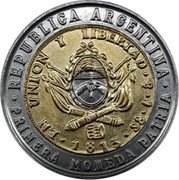 Argentina Un Peso Pattern Tri-metallic 1994 REPUBLICA ARGENTINA EN UNION Y LIBERTAD PTS J S8 1815 PRIMERA MONEDA PATRIA coin obverse Argentina Un Peso Pattern Tri-metallic 1994 REPUBLICA ARGENTINA EN UNION Y LIBERTAD PTS J S8 1815 PRIMERA MONEDA PATRIA coin obverse