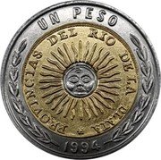 Argentina Un Peso Pattern Tri-metallic 1994 UN PESO PROVINCIAS DEL RIO DE LA PLATA 1994 coin reverse Argentina Un Peso Pattern Tri-metallic 1994 UN PESO PROVINCIAS DEL RIO DE LA PLATA 1994 coin reverse