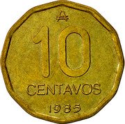 Argentina 10 Centavos Coat of Arms 1985 KM# 98 ₳ 10 CENTAVOS 1988 coin reverse Argentina 10 Centavos Coat of Arms 1985 KM# 98 ₳ 10 CENTAVOS 1988 coin reverse