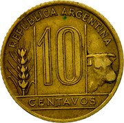 Argentina 10 Centavos Capped Liberty Head 1944 KM# 41 REPÚBLICA ARGENTINA 10 CENTAVOS coin obverse Argentina 10 Centavos Capped Liberty Head 1944 KM# 41 REPÚBLICA ARGENTINA 10 CENTAVOS coin obverse