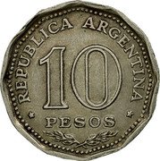 Argentina 10 Pesos 150th Anniversary Declaration of Independence. 1966 KM# 62 REPUBLICA ARGENTINA 10 PESOS coin obverse Argentina 10 Pesos 150th Anniversary Declaration of Independence. 1966 KM# 62 REPUBLICA ARGENTINA 10 PESOS coin obverse