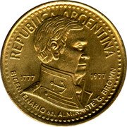 Argentina 10 Pesos Admiral G. Brown Bicentennial 1977 KM# 74 REPUBLICA ARGENTINA 1777 1977 BICENTENARIO DEL ALMIRANTE G. BROWN coin obverse Argentina 10 Pesos Admiral G. Brown Bicentennial 1977 KM# 74 REPUBLICA ARGENTINA 1777 1977 BICENTENARIO DEL ALMIRANTE G. BROWN coin obverse