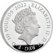 UK 10 Pounds George I British Monarchs 2022 Proof ELIZABETH II D G REG F D 10 POUNDS 2022 JC coin obverse UK 10 Pounds George I British Monarchs 2022 Proof ELIZABETH II D G REG F D 10 POUNDS 2022 JC coin obverse