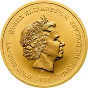 Tuvalu 100 Dollars (The Red Flag Fleet) QUEEN ELIZABETH II IRB 1 OZ 9999 GOLD 2021 TUVALU 100 DOLLARS coin obverse