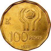 Argentina 100 Pesos World Soccer Championship 1978 KM# 77 100 PESOS 1977 coin reverse Argentina 100 Pesos World Soccer Championship 1978 KM# 77 100 PESOS 1977 coin reverse