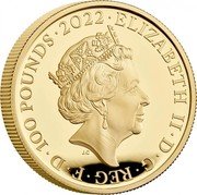 UK 100 Pounds (King George I British Monarchs) ELIZABETH II D G REG F D 100 POUNDS 2022 JC coin obverse UK 100 Pounds (King George I British Monarchs) ELIZABETH II D G REG F D 100 POUNDS 2022 JC coin obverse