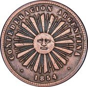 Argentina 2 Centavos Radiant Sunface 1854 Coin rotation KM# 24 CONFEDERACION ARGENTINA 1854 coin obverse Argentina 2 Centavos Radiant Sunface 1854 Coin rotation KM# 24 CONFEDERACION ARGENTINA 1854 coin obverse