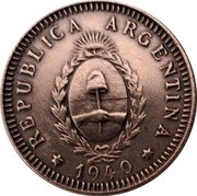 Argentina 2 Centavos Coat of Arms 1940 KM# 38 REPUBLICA ARGENTINA 1946 coin obverse Argentina 2 Centavos Coat of Arms 1940 KM# 38 REPUBLICA ARGENTINA 1946 coin obverse
