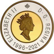 Canada 2 Dollars Anniversary of the Two Dollars Coin 2021 Proof ELIZABETH II D G REGINA 1996 2021 coin obverse Canada 2 Dollars Anniversary of the Two Dollars Coin 2021 Proof ELIZABETH II D G REGINA 1996 2021 coin obverse