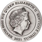 Tuvalu 2 Dollars Dragons and Phoenixes 2021 P Antiqued QUEEN ELIZABETH II IRB 2 OZ 9999 AG 2021 TUVALU 2 DOLLARS coin obverse Tuvalu 2 Dollars Dragons and Phoenixes 2021 P Antiqued QUEEN ELIZABETH II IRB 2 OZ 9999 AG 2021 TUVALU 2 DOLLARS coin obverse