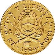 Argentina 2 Escudos Radiant Sunface Rio de la Plata 1824 RA DS KM# 19.1 2 S EN UNION Y LIBERTAD RA 1824 D S coin reverse Argentina 2 Escudos Radiant Sunface Rio de la Plata 1824 RA DS KM# 19.1 2 S EN UNION Y LIBERTAD RA 1824 D S coin reverse